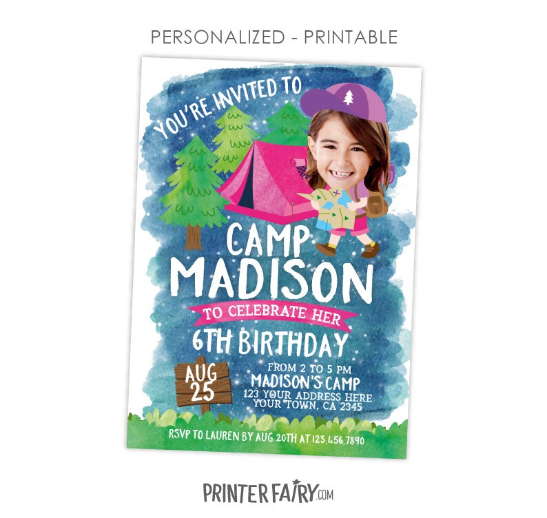 Camping Party Invitation Personalized with Photo,(Digital or Printable Invitation)
