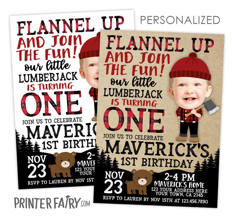 Lumberjack Birthday Invitation with Photo, Flannel Party (Digital Invite)