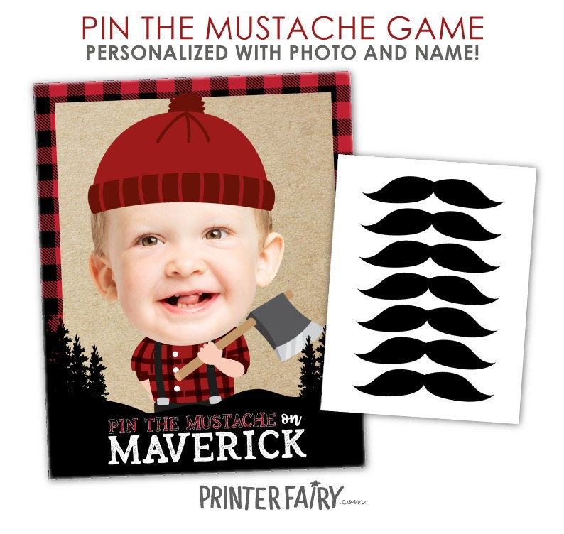 Pin The Mustache Lumberjack Party Game, Personalized with Photo and Name, Digital Printable Design