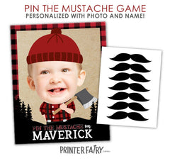 Pin The Mustache Lumberjack Party Game, Personalized with Photo and Name, Digital Printable Design