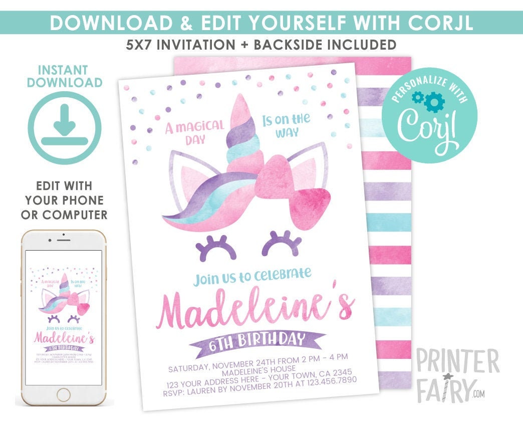 Editable Unicorn Birthday Invitation, Magical Party Invite (Digital Download)