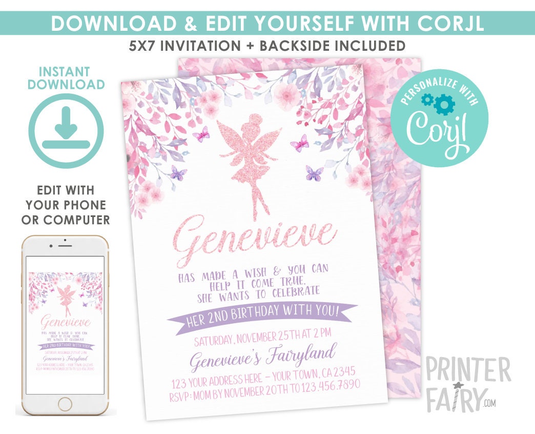 Editable Fairy Birthday Invitation, Floral Party (Digital Invite)