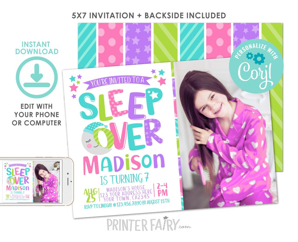 Editable Sleepover Birthday Invitation with Photo (Digital Download)