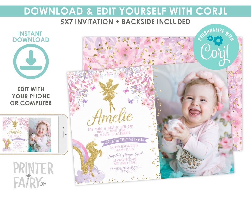 Fairy Unicorn Birthday Invitation with Photo, Floral Invite (Digital)