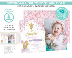 Fairy Unicorn Birthday Invitation with Photo, Floral Invite (Digital)