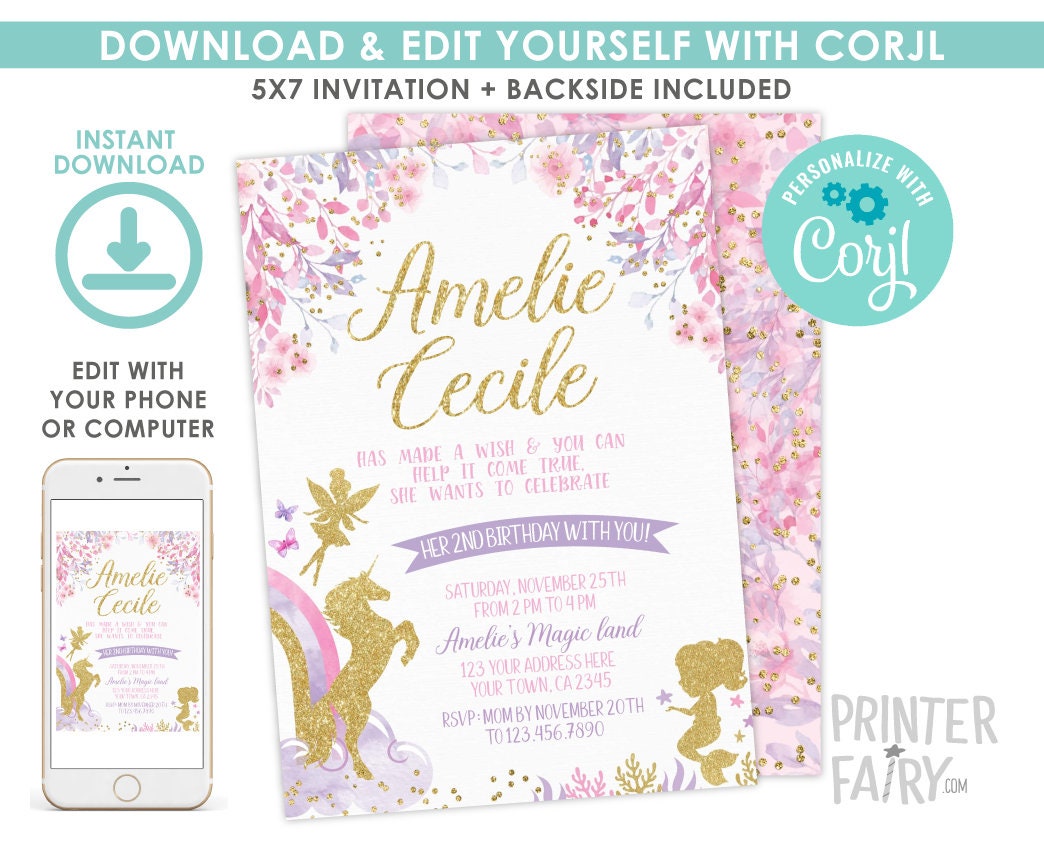 Fairy Unicorn Mermaid Birthday Invitation, Pink Gold Purple (Editable)