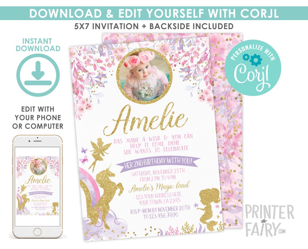 Fairy Unicorn and Mermaid with Photo EDITABLE Birthday Invitation Template, INSTANT DOWNLOAD