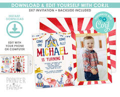 Editable Circus Birthday Invitation, Carnival Party (Digital Invite)
