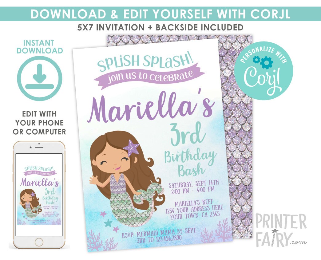 Purple and Teal Mermaid Birthday Invitation, EDIT YOURSELF (Digital Invitation)