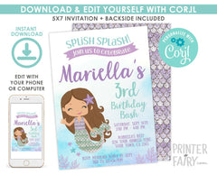 Purple and Teal Mermaid Birthday Invitation, EDIT YOURSELF (Digital Invitation)