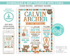 Wild One Birthday Board, Editable Tribal Woodland Milestone Sign (Digital Download)