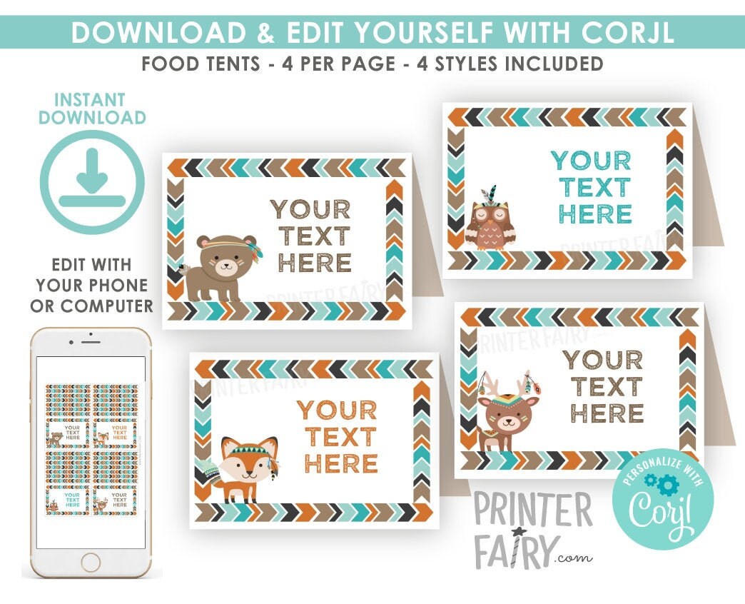 Woodland Tribal Animals Food Tent Cards, Editable Buffet Labels (Digital Download)