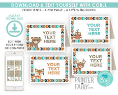 Woodland Tribal Animals Food Tent Cards, Editable Buffet Labels (Digital Download)