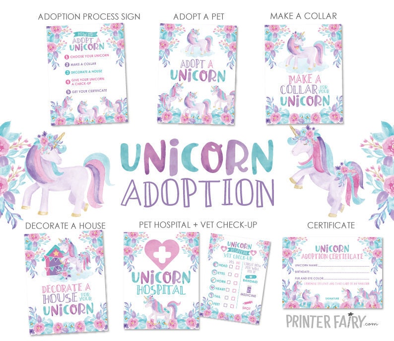 Unicorn Adoption Station Party Package Ready to Print, DIGITAL Instant Download