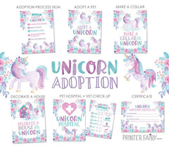 Unicorn Adoption Station Party Package Ready to Print, DIGITAL Instant Download