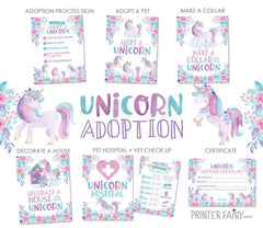 Unicorn Adoption Station Party Package Ready to Print, DIGITAL Instant Download