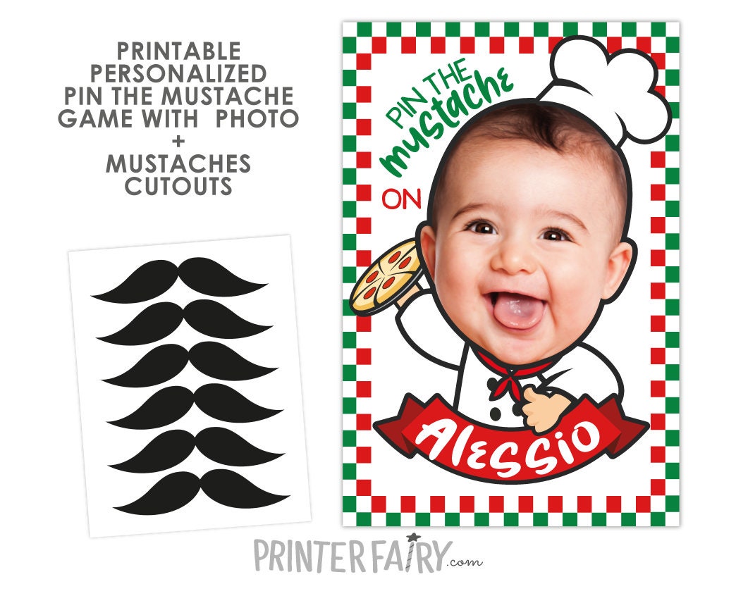 Personalized Pizza Birthday Party Game, Pin Mustache Poster (Digital Download)