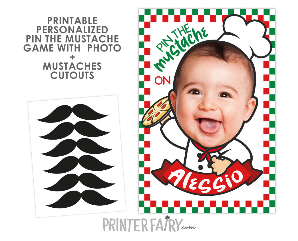 Personalized Pizza Birthday Party Game, Pin Mustache Poster (Digital Download)