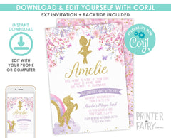Editable Ballerina Unicorn Birthday Invitation, Magical Party (Instant Download)