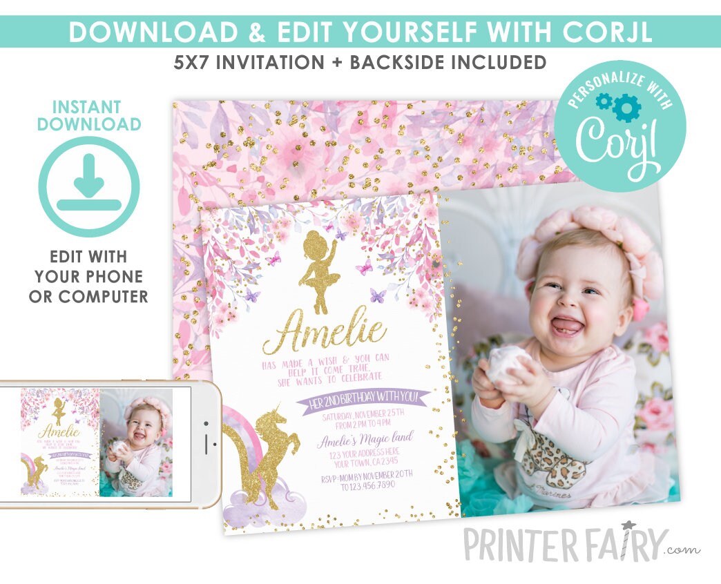 Ballerina Unicorn Birthday Invitation with Photo, EDITABLE (Digital Download)