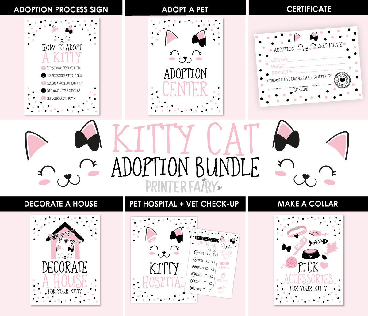 Kitty Adoption Party Bundle, Pink Black White Decor (Digital Download)