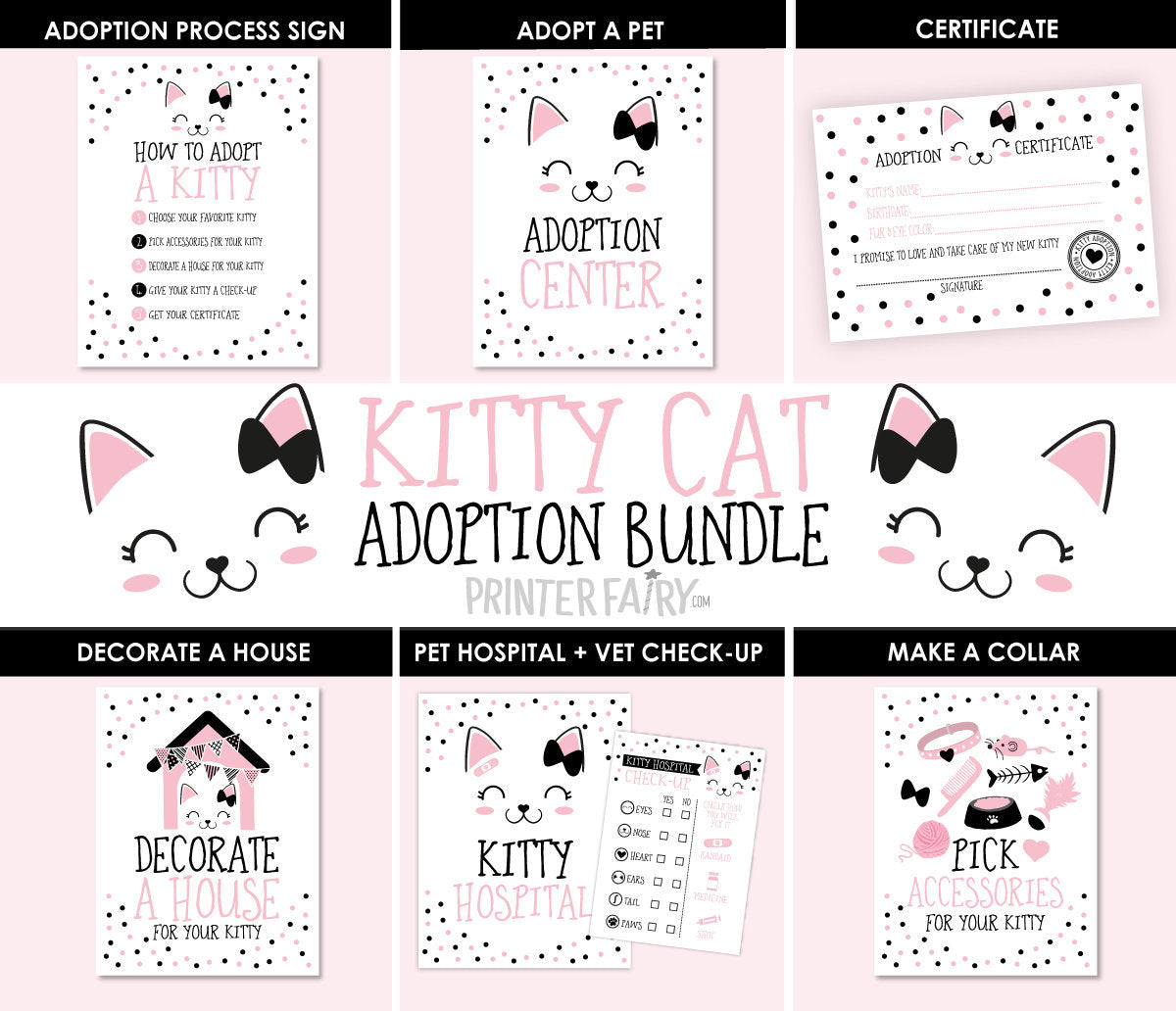 Kitty Adoption Party Bundle, Pink Black White Decor (Digital Download)