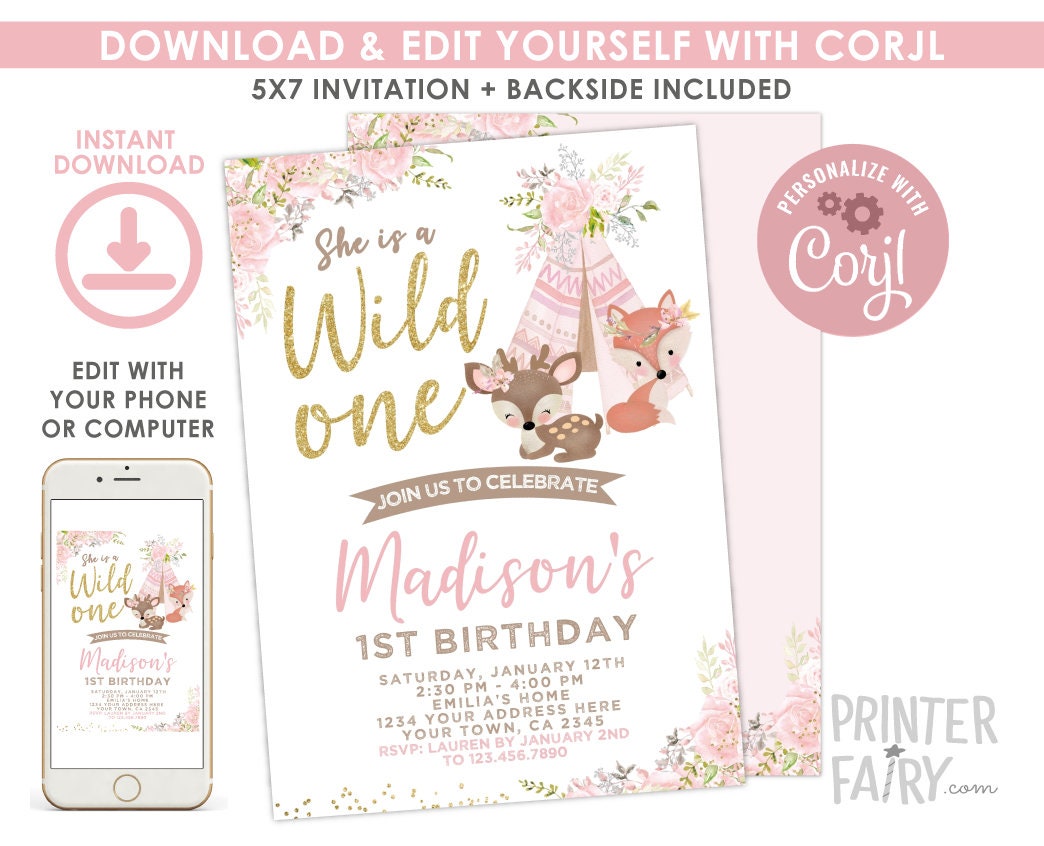 Wild One Girl Birthday Invitation, Tribal Woodland, EDITABLE (Digital Download)