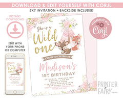 Wild One Girl Birthday Invitation, Tribal Woodland, EDITABLE (Digital Download)