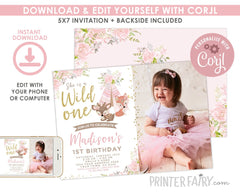 Wild One Girl Birthday Invitation, Tribal Woodland, Photo, EDITABLE (Digital Download)