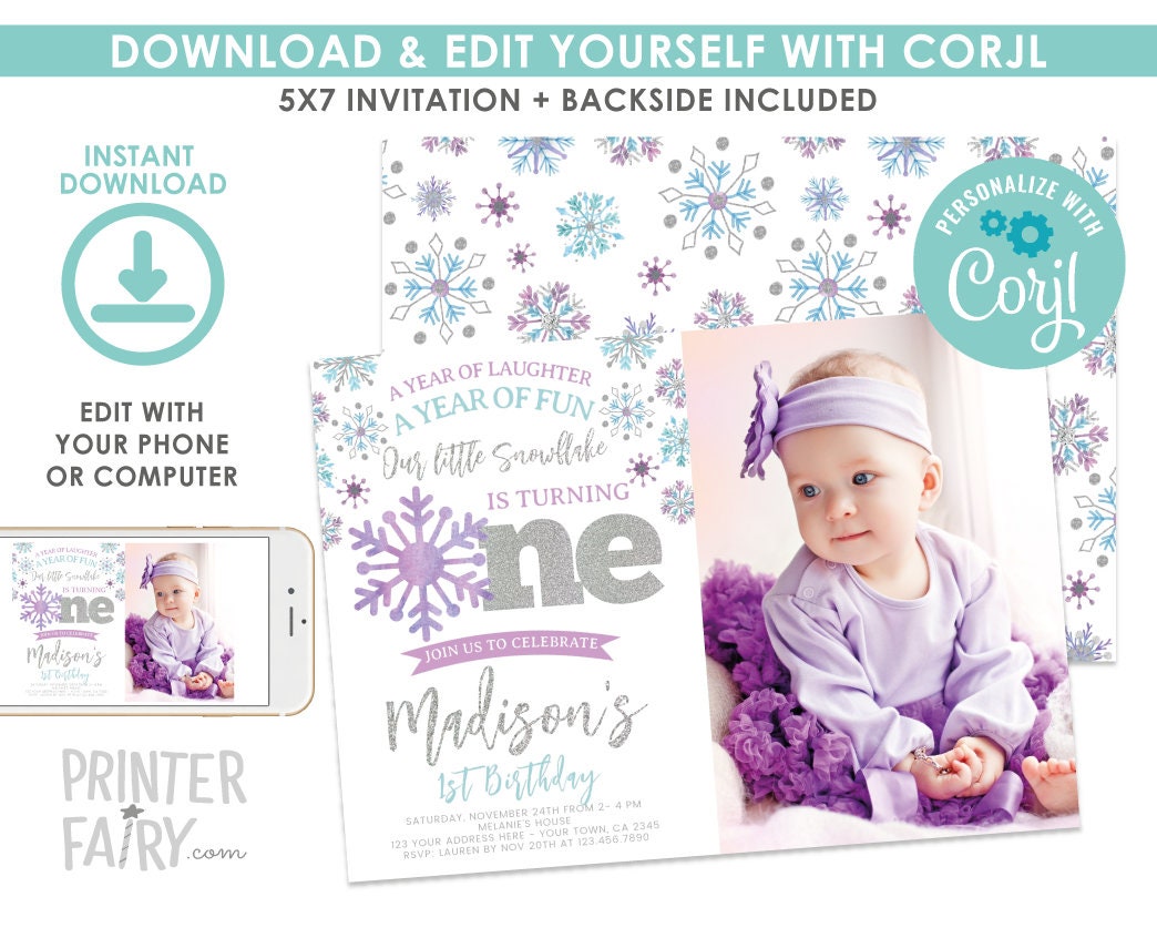 Winter Onederland Photo Birthday Invitation, Snowflake Theme (Digital Invite)