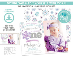 Winter Onederland Photo Birthday Invitation, Snowflake Theme (Digital Invite)