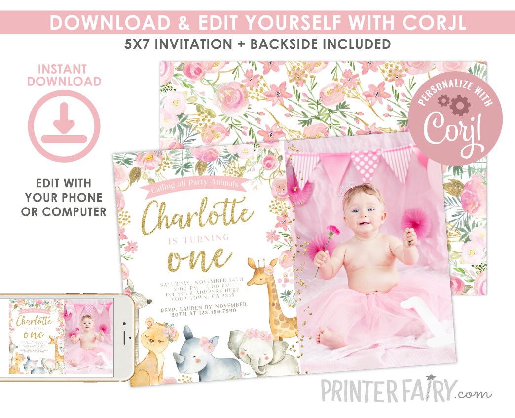 Jungle Girl 1st Birthday Party Invitation Editable Template, Instant Download
