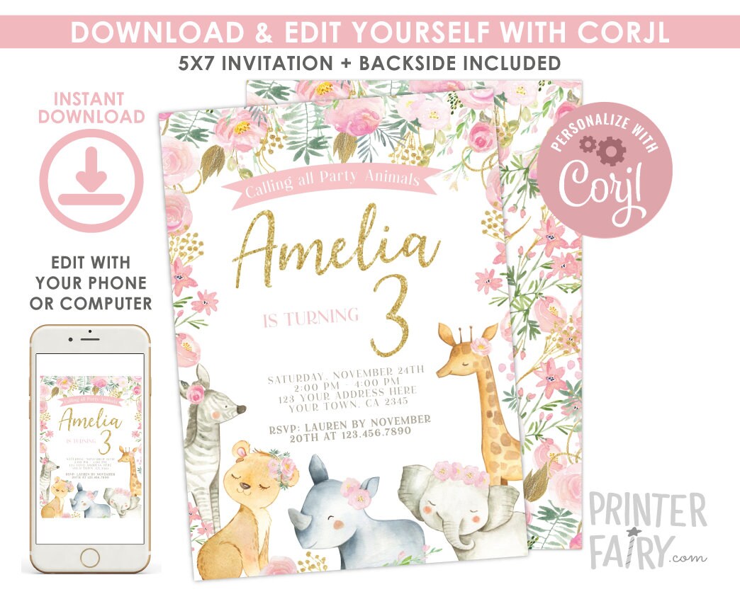 Jungle Girl Birthday Party Invitation Editable Template for any age, Instant Download