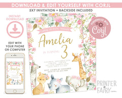 Jungle Girl Birthday Party Invitation Editable Template for any age, Instant Download