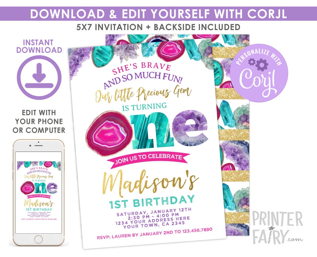 Gem 1st Birthday Invitation, EDITABLE (Digital Download)