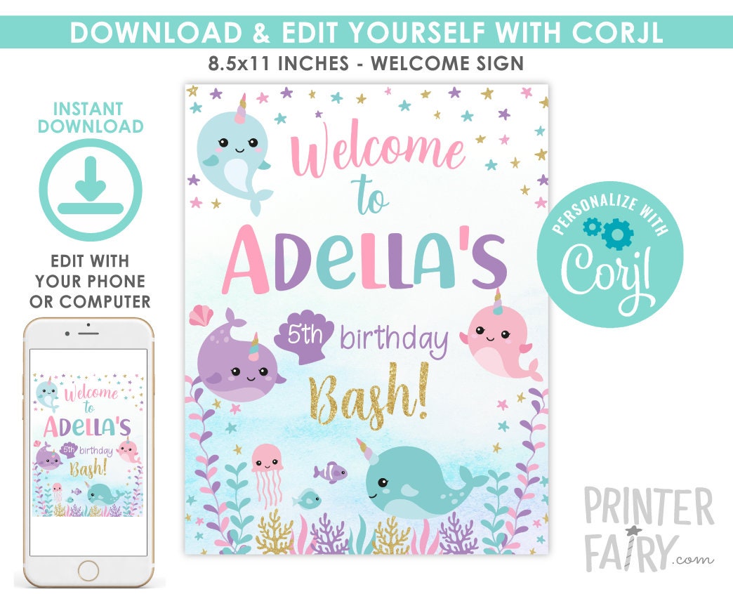Narwhal Birthday Welcome Sign, Under the Sea Party Decor (Editable)