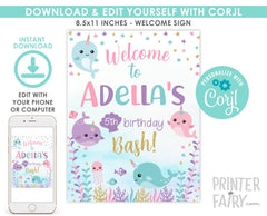 Narwhal Birthday Welcome Sign, Under the Sea Party Decor (Editable)