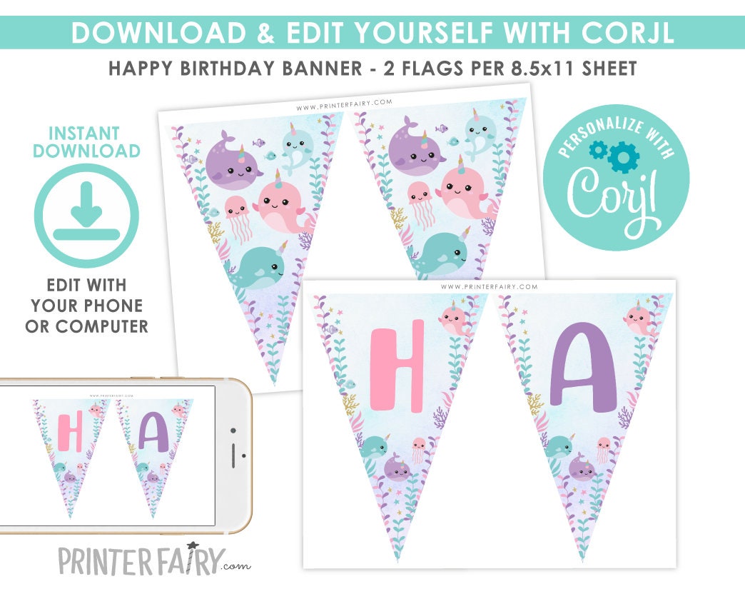 Editable Narwhal Birthday Banner, Under the Sea Bunting (Instant Download)