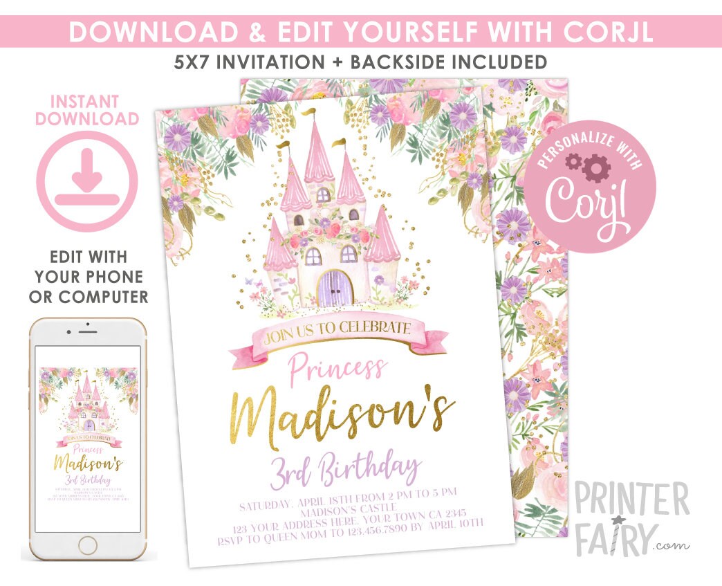 Editable Princess Castle Birthday Invitation (Digital Download)