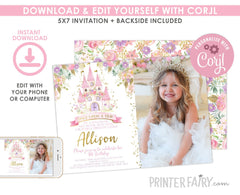 Princess Birthday Invitation with Photo EDITABLE Template, Instant Download