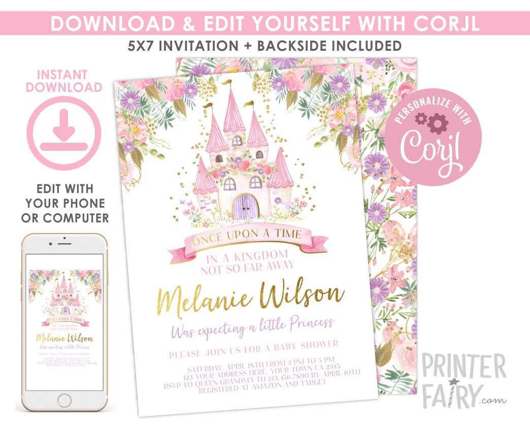Editable Princess Baby Shower Invitation, Royal Castle (Digital Download)
