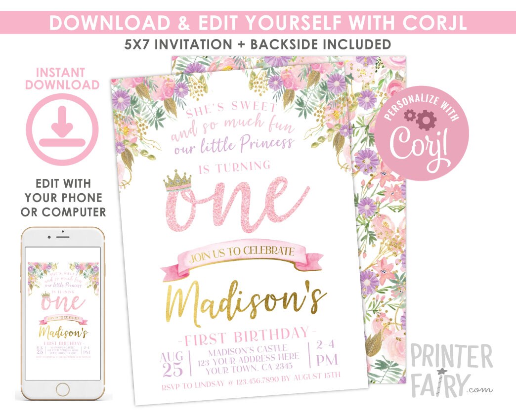 Princess First Birthday Invitation, Royal EDITABLE (Digital Download)
