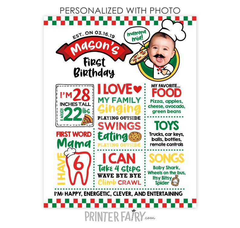 Pizza First Birthday Photo Board, Personalized Sign (Digital Printable)