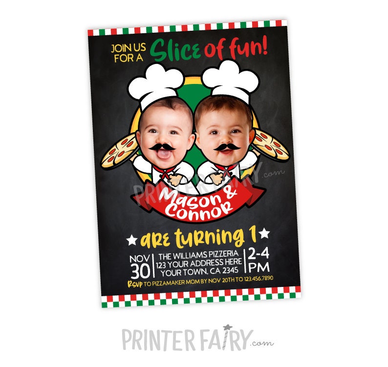 Pizza Twins Birthday Invitation with Photo (Digital)