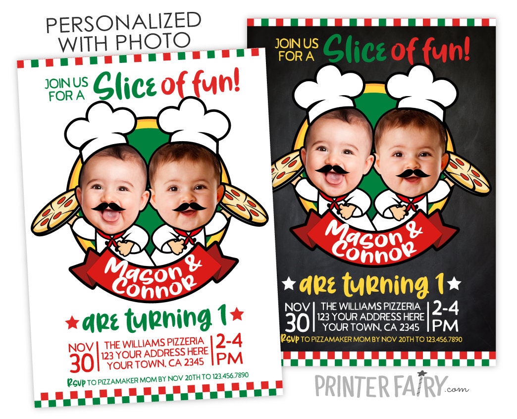 Pizza Twins Birthday Invitation with Photo (Digital)