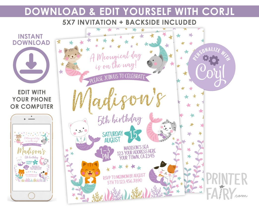 Editable Mercat Birthday Invitation, Meowmaid Kitty Party (Digital Download)