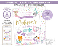 Editable Mercat Birthday Invitation, Meowmaid Kitty Party (Digital Download)