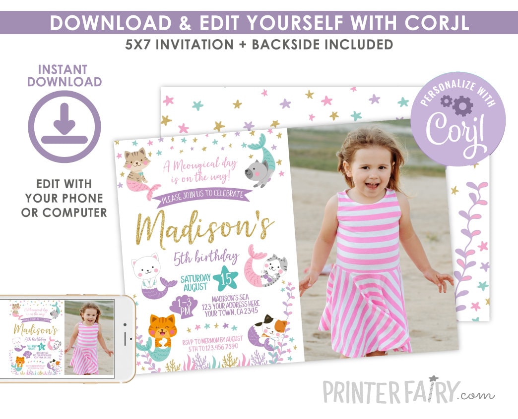 Mercat Birthday Invitation with Photo, Editable Meowmaid Kitty Invite (Instant Download)