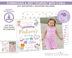 Mercat Birthday Invitation with Photo, Editable Meowmaid Kitty Invite (Instant Download)