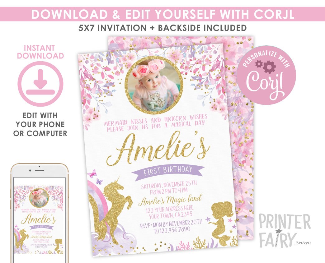 Unicorn Mermaid Birthday Invitation, Floral Photo, Editable (Digital)